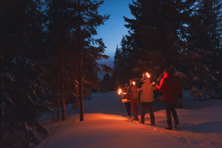 Oslo: Snowy Forest Torchlight Walk with Campfire - Carrying a flame through the snowy forest
